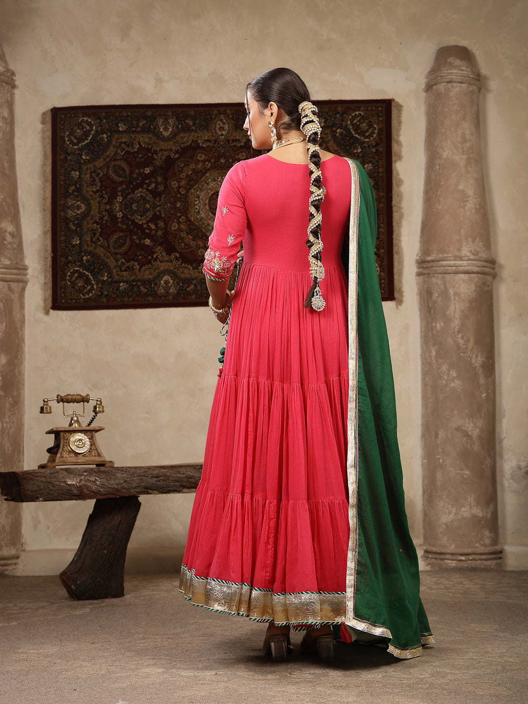 Malmal Calf Length Solid 3/4 Sleeve V-Neck Anarkali Kurta Suit Set