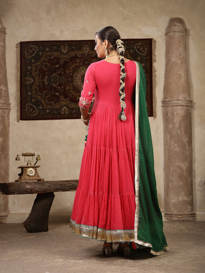 Malmal Calf Length Solid 3/4 Sleeve V-Neck Anarkali Kurta Suit Set