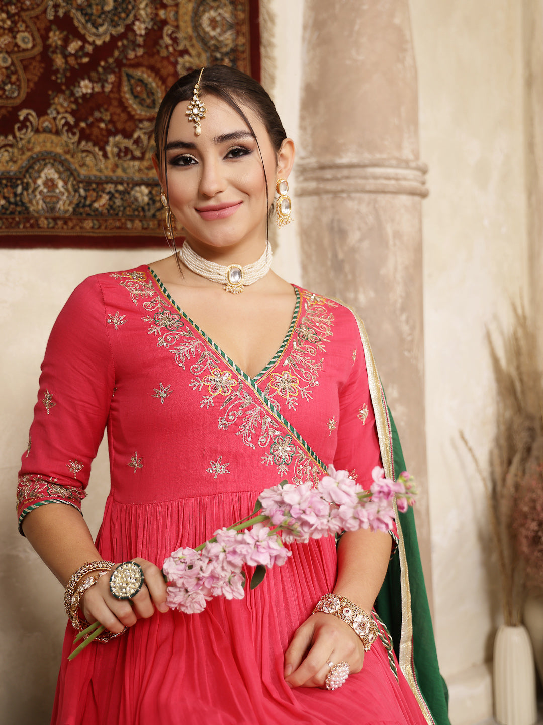 Malmal Calf Length Solid 3/4 Sleeve V-Neck Anarkali Kurta Suit Set