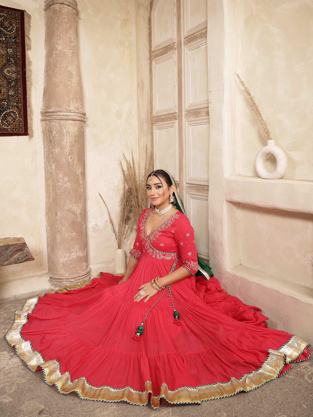 Malmal Calf Length Solid 3/4 Sleeve V-Neck Anarkali Kurta Suit Set