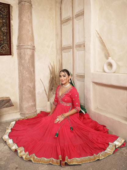 Malmal Calf Length Solid 3/4 Sleeve V-Neck Anarkali Kurta Suit Set