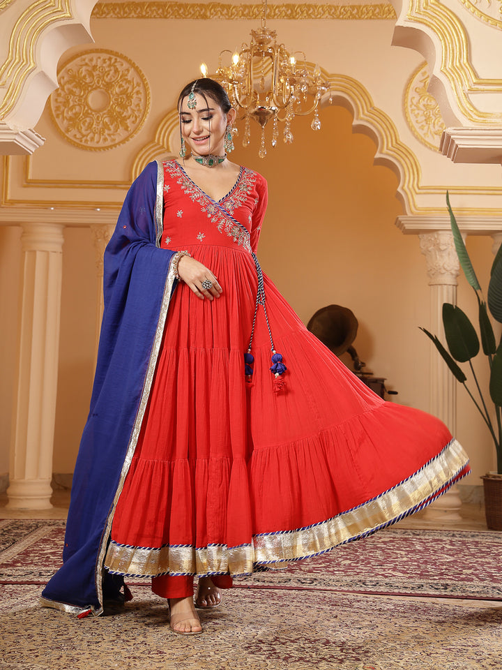 Malmal Calf Length Solid 3/4 Sleeve V-Neck Anarkali Kurta Suit Set