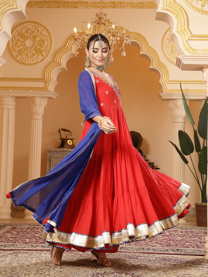 Malmal Calf Length Solid 3/4 Sleeve V-Neck Anarkali Kurta Suit Set