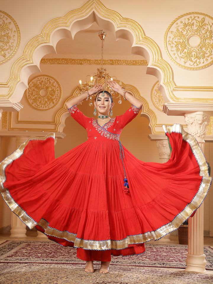 Malmal Calf Length Solid 3/4 Sleeve V-Neck Anarkali Kurta Suit Set