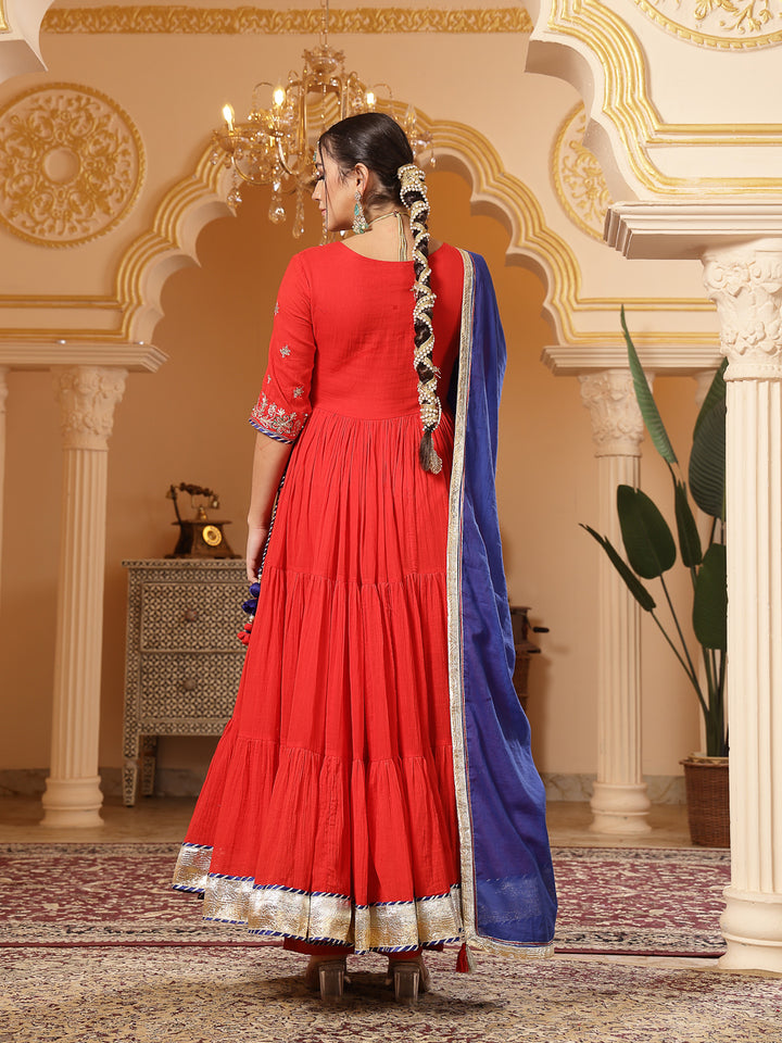 Malmal Calf Length Solid 3/4 Sleeve V-Neck Anarkali Kurta Suit Set