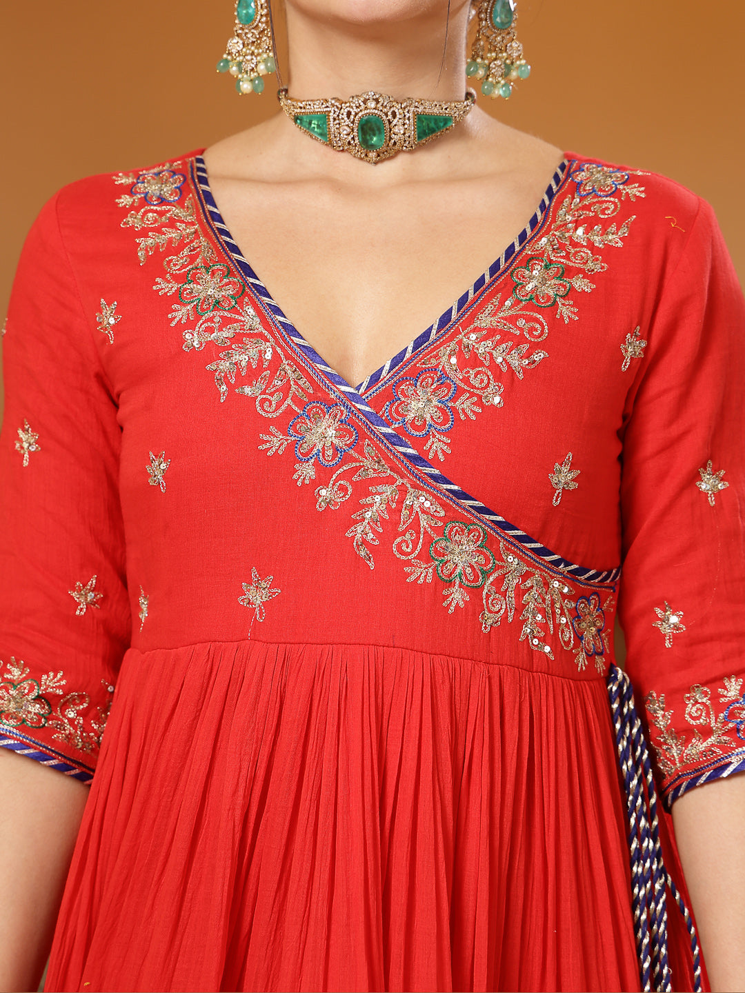Malmal Calf Length Solid 3/4 Sleeve V-Neck Anarkali Kurta Suit Set