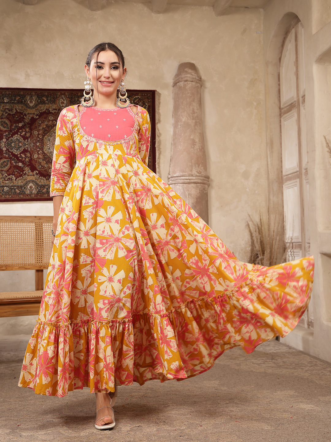 Rayon Calf Length Printed 3/4 Sleeve Round Neck Flared Kurta