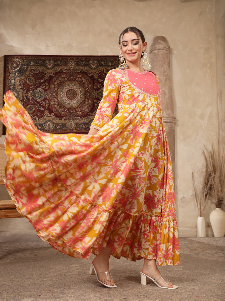Rayon Calf Length Printed 3/4 Sleeve Round Neck Flared Kurta