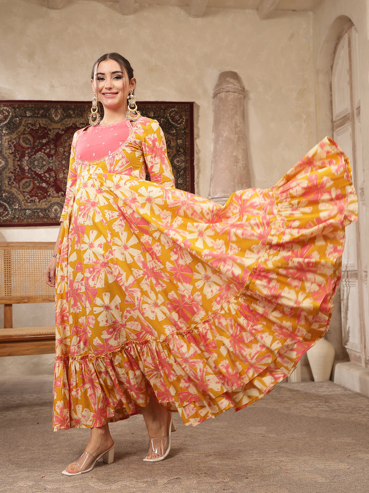 Rayon Calf Length Printed 3/4 Sleeve Round Neck Flared Kurta