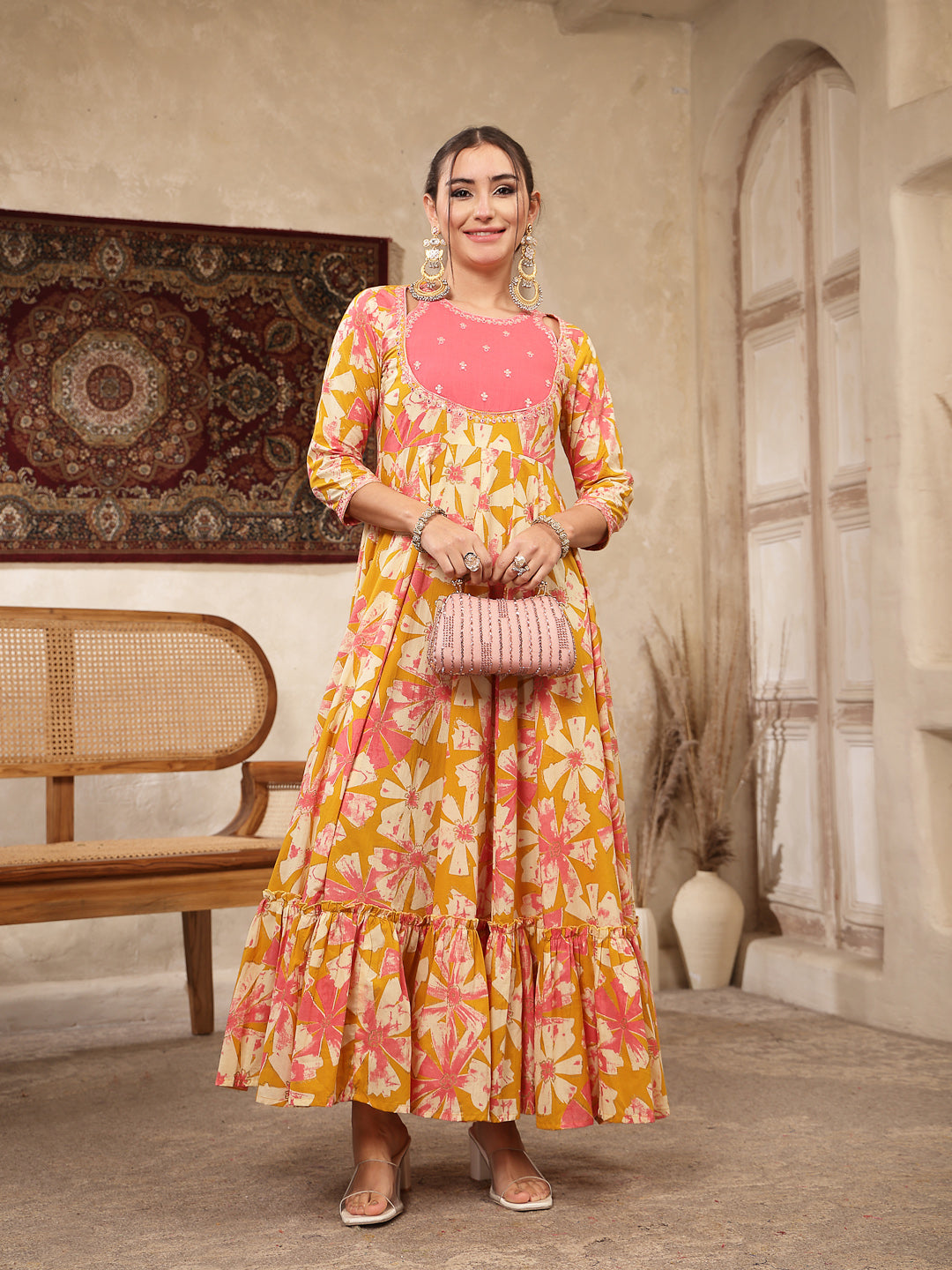 Rayon Calf Length Printed 3/4 Sleeve Round Neck Flared Kurta