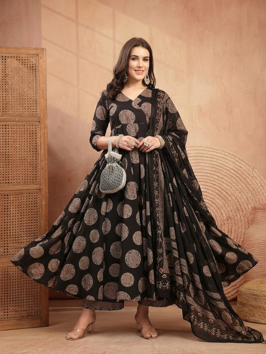 Cotton Calf Length Printed 3/4 Sleeve V-Neck Anarkali Kurta Suit Set