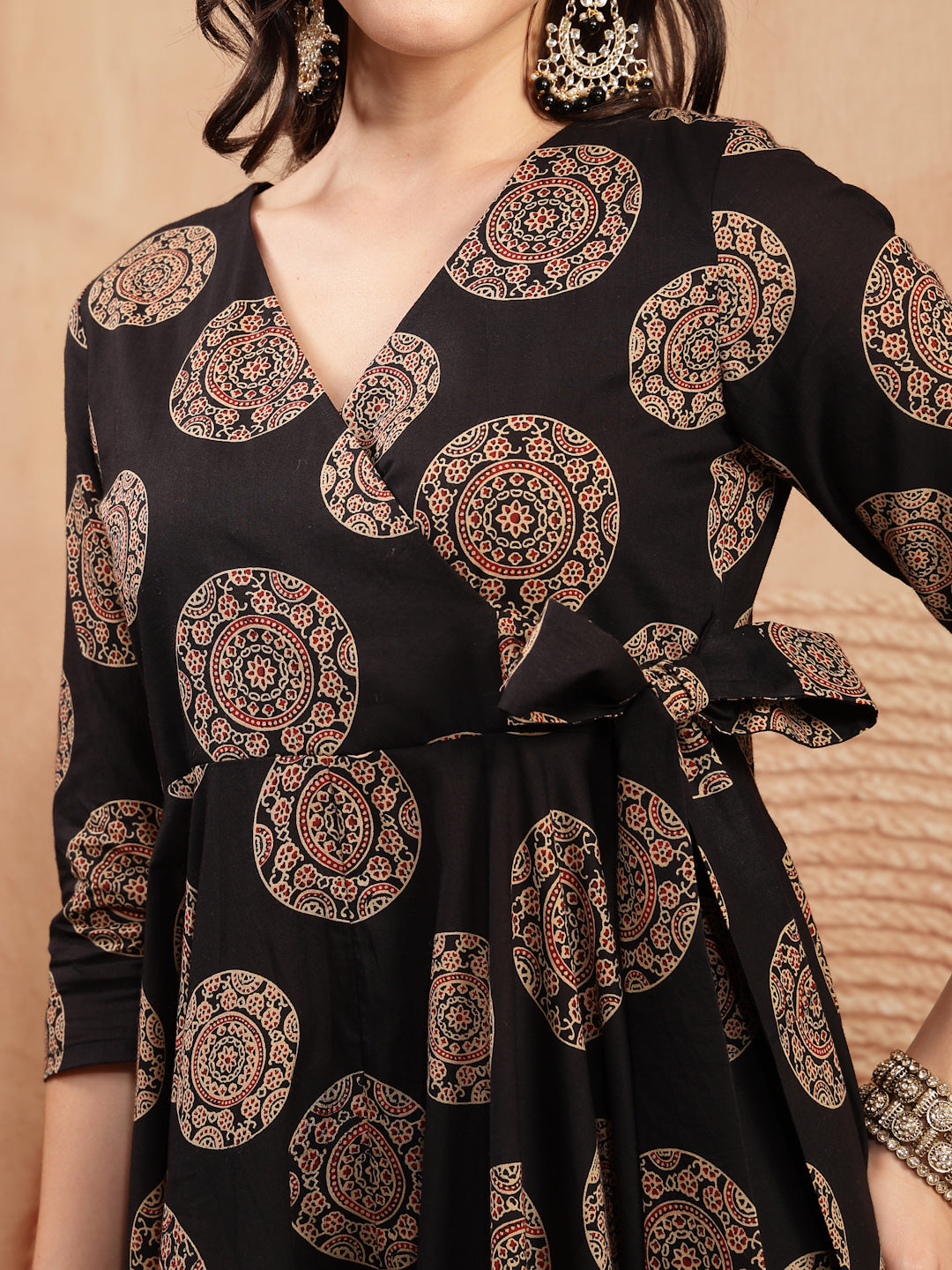 Cotton Calf Length Printed 3/4 Sleeve V-Neck Anarkali Kurta Suit Set