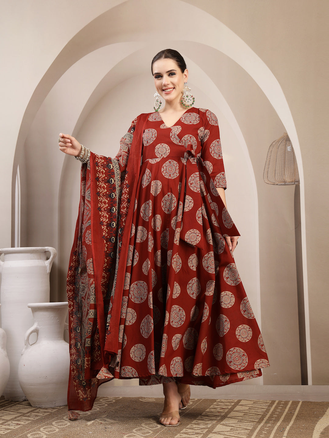 Cotton Calf Length Printed 3/4 Sleeve V-Neck Anarkali Kurta Suit Set