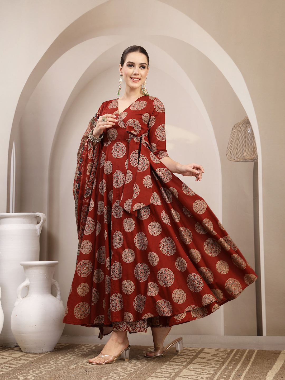 Cotton Calf Length Printed 3/4 Sleeve V-Neck Anarkali Kurta Suit Set