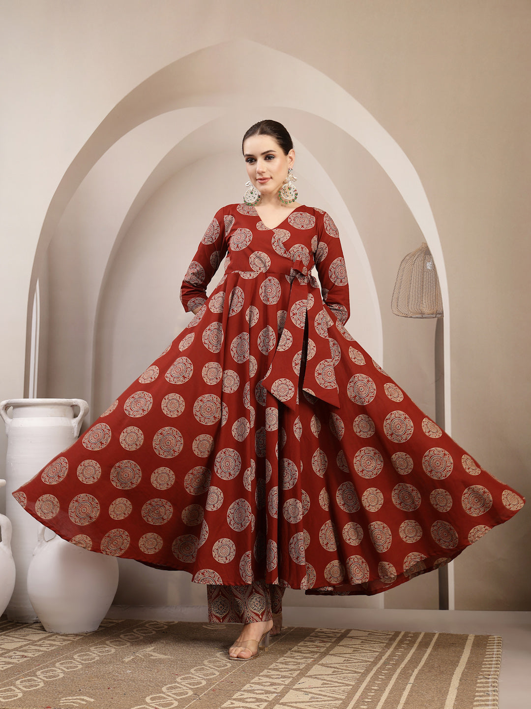Cotton Calf Length Printed 3/4 Sleeve V-Neck Anarkali Kurta Suit Set