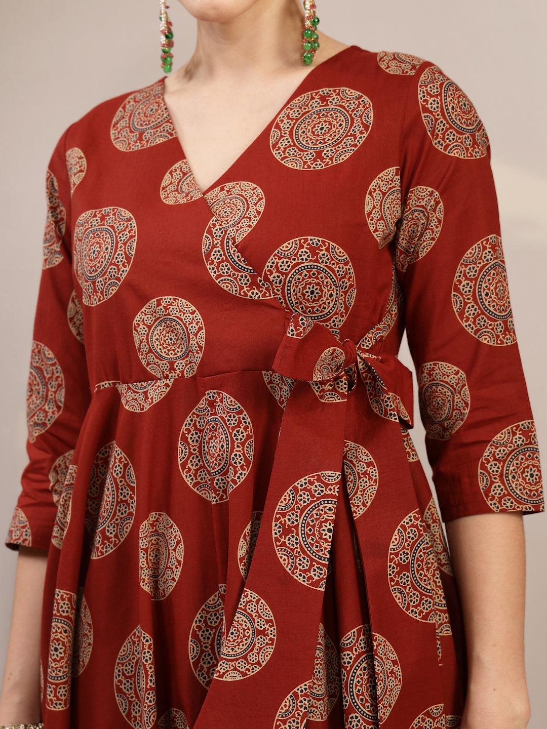 Cotton Calf Length Printed 3/4 Sleeve V-Neck Anarkali Kurta Suit Set