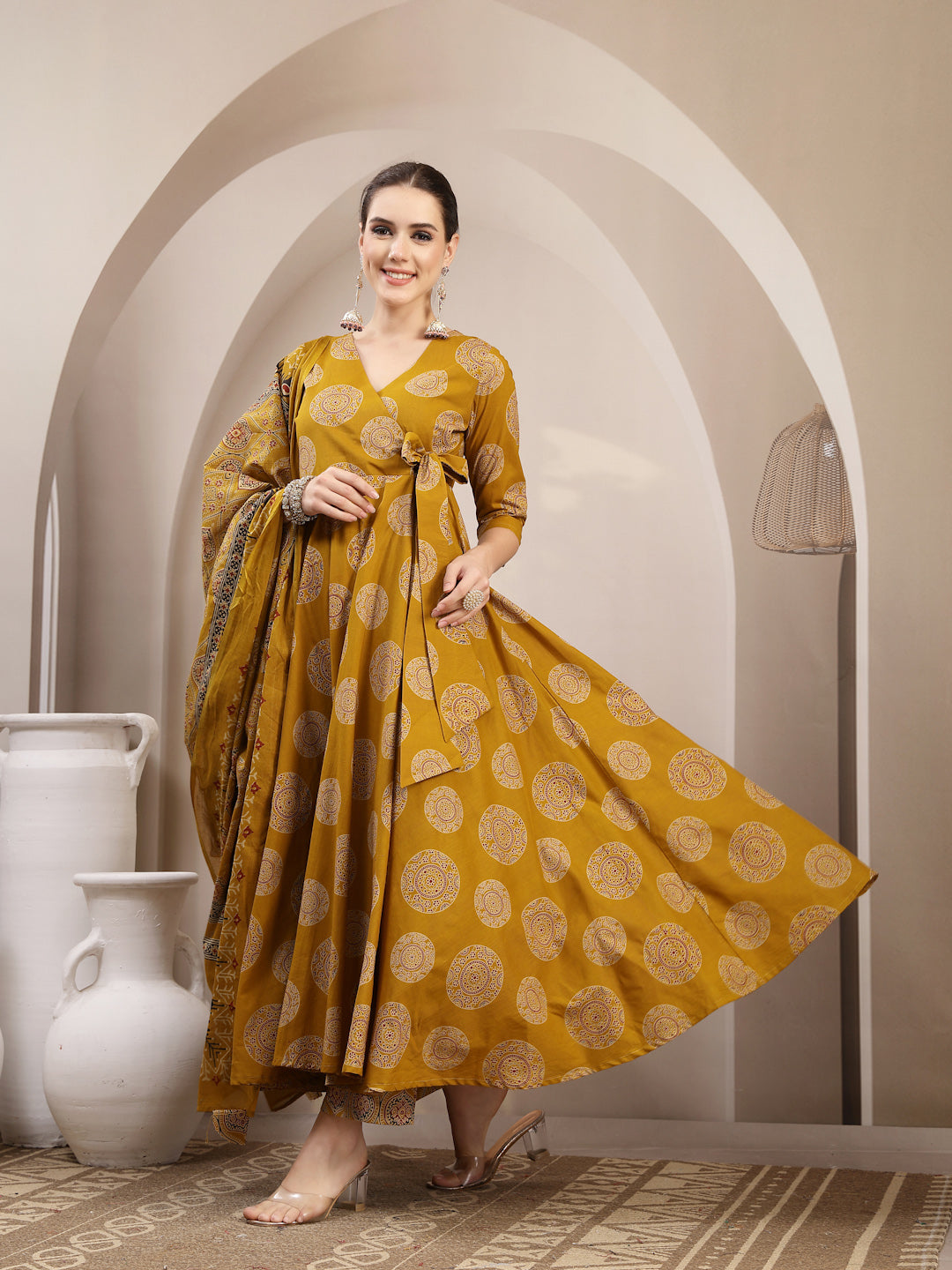 Cotton Calf Length Printed 3/4 Sleeve V-Neck Anarkali Kurta Suit Set