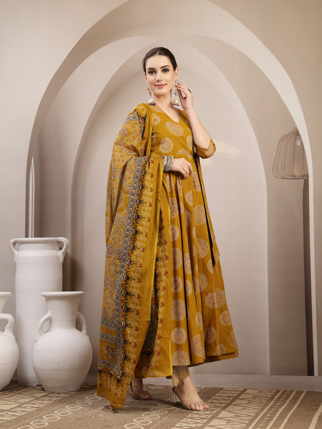 Cotton Calf Length Printed 3/4 Sleeve V-Neck Anarkali Kurta Suit Set