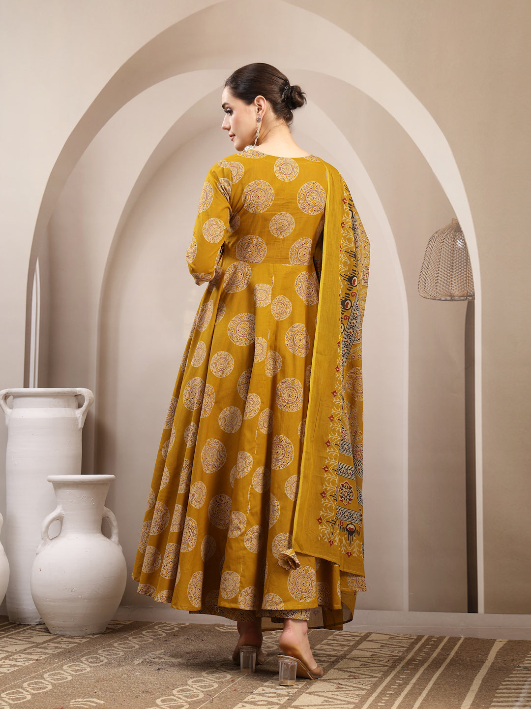 Cotton Calf Length Printed 3/4 Sleeve V-Neck Anarkali Kurta Suit Set