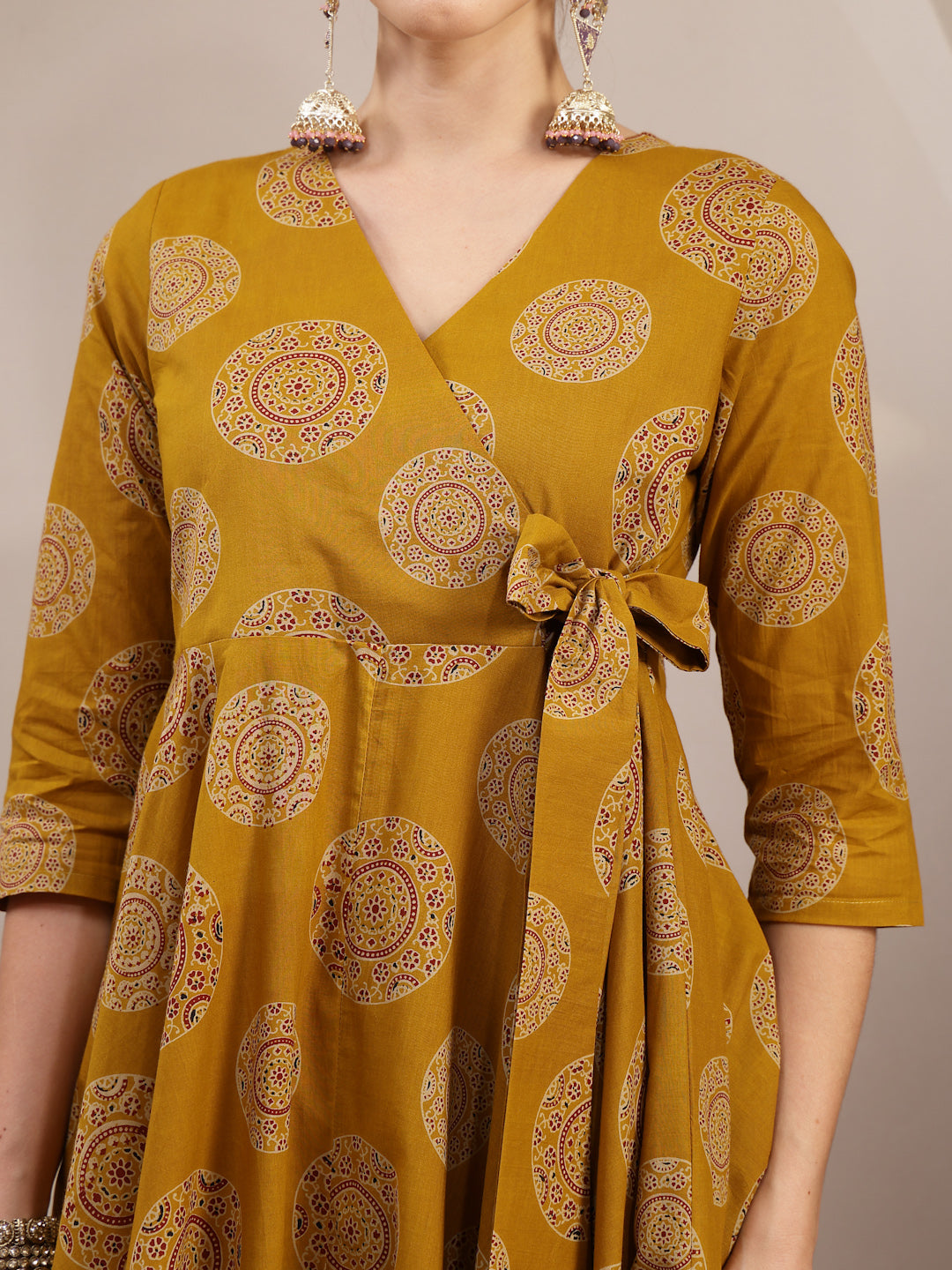 Cotton Calf Length Printed 3/4 Sleeve V-Neck Anarkali Kurta Suit Set