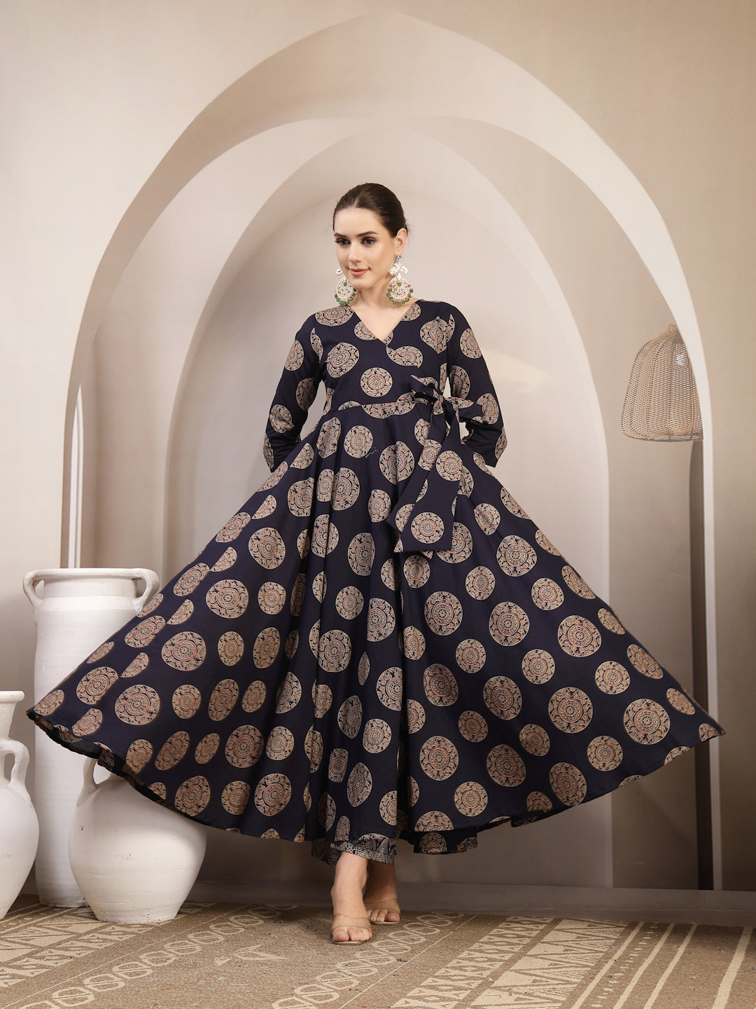 Cotton Calf Length Printed 3/4 Sleeve V-Neck Anarkali Kurta Suit Set