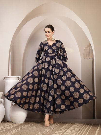 Cotton Calf Length Printed 3/4 Sleeve V-Neck Anarkali Kurta Suit Set