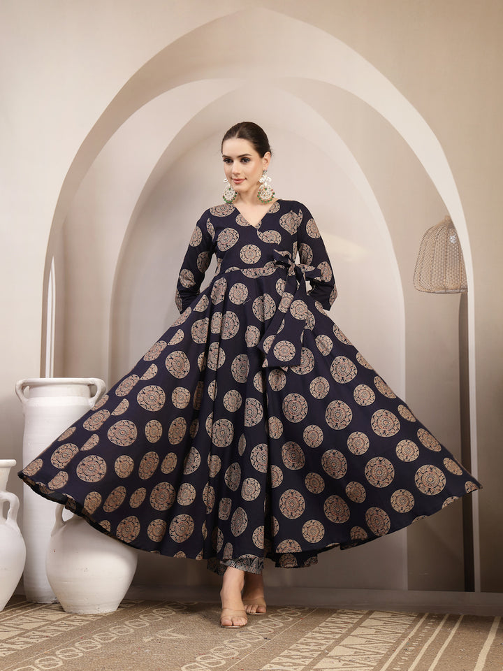 Cotton Calf Length Printed 3/4 Sleeve V-Neck Anarkali Kurta Suit Set