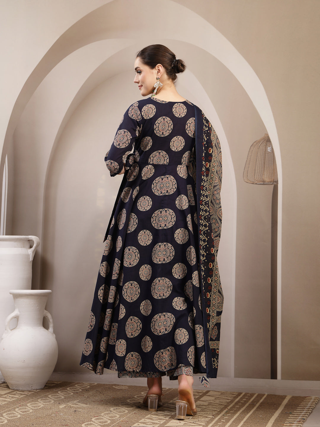 Cotton Calf Length Printed 3/4 Sleeve V-Neck Anarkali Kurta Suit Set