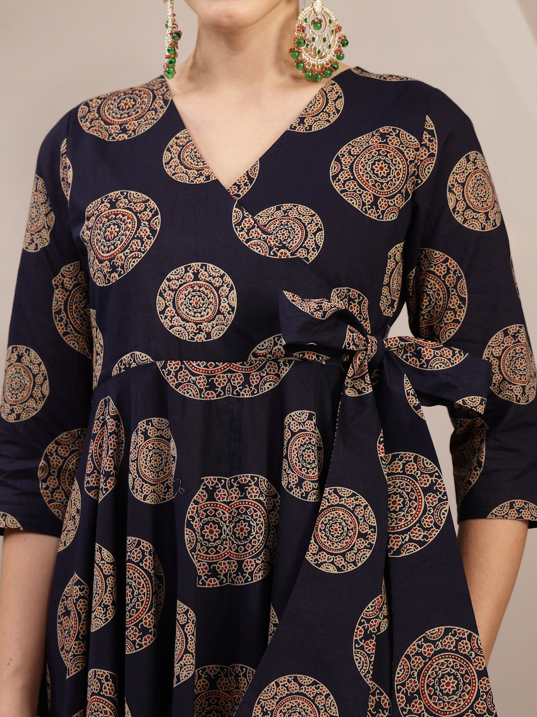 Cotton Calf Length Printed 3/4 Sleeve V-Neck Anarkali Kurta Suit Set