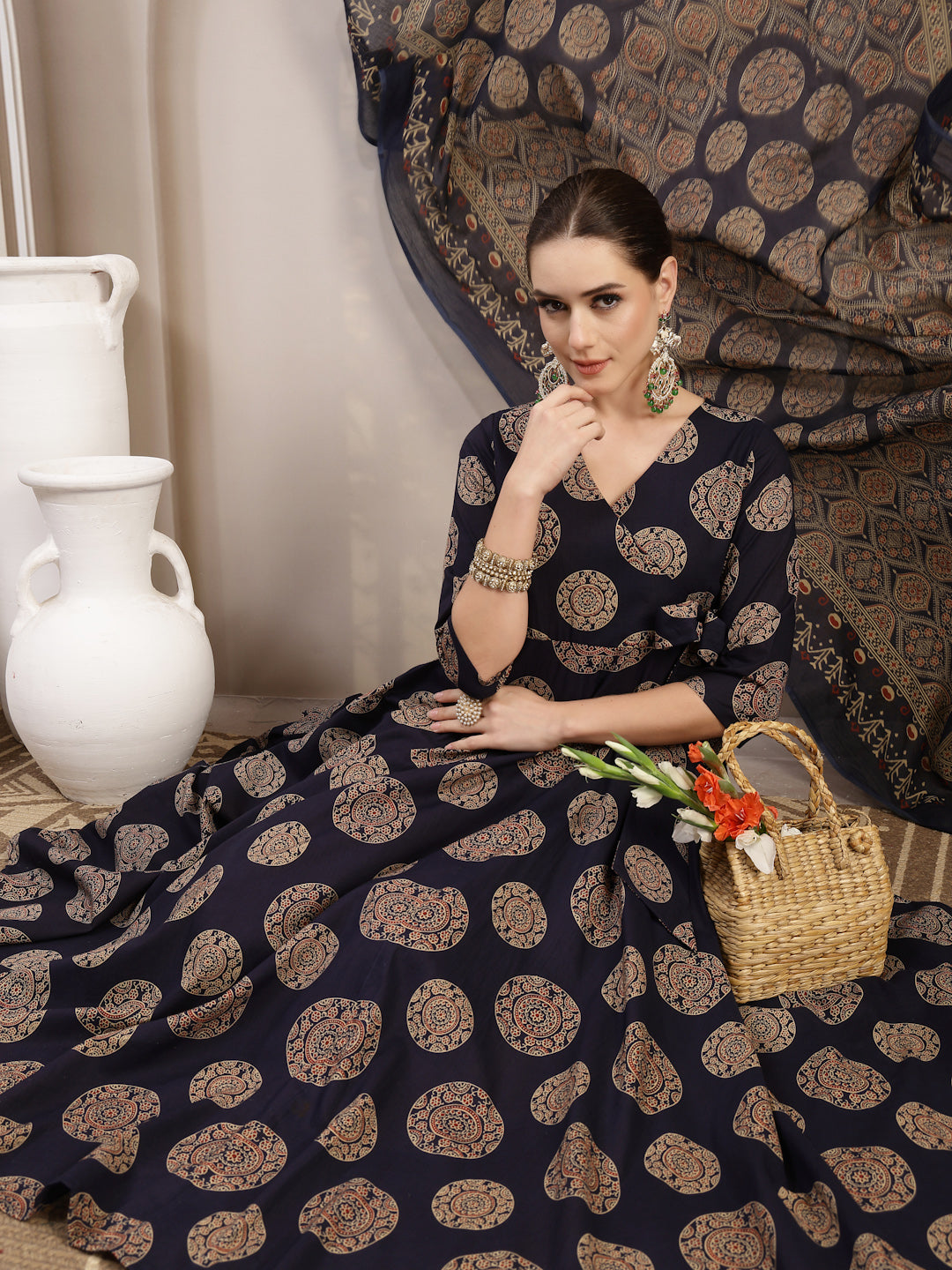 Cotton Calf Length Printed 3/4 Sleeve V-Neck Anarkali Kurta Suit Set