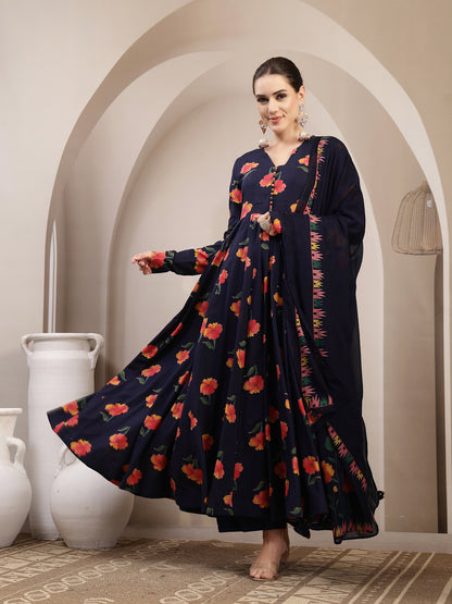 Cotton Calf Length Printed Full Sleeves V-Neck Anarkali Kurta Suit Set