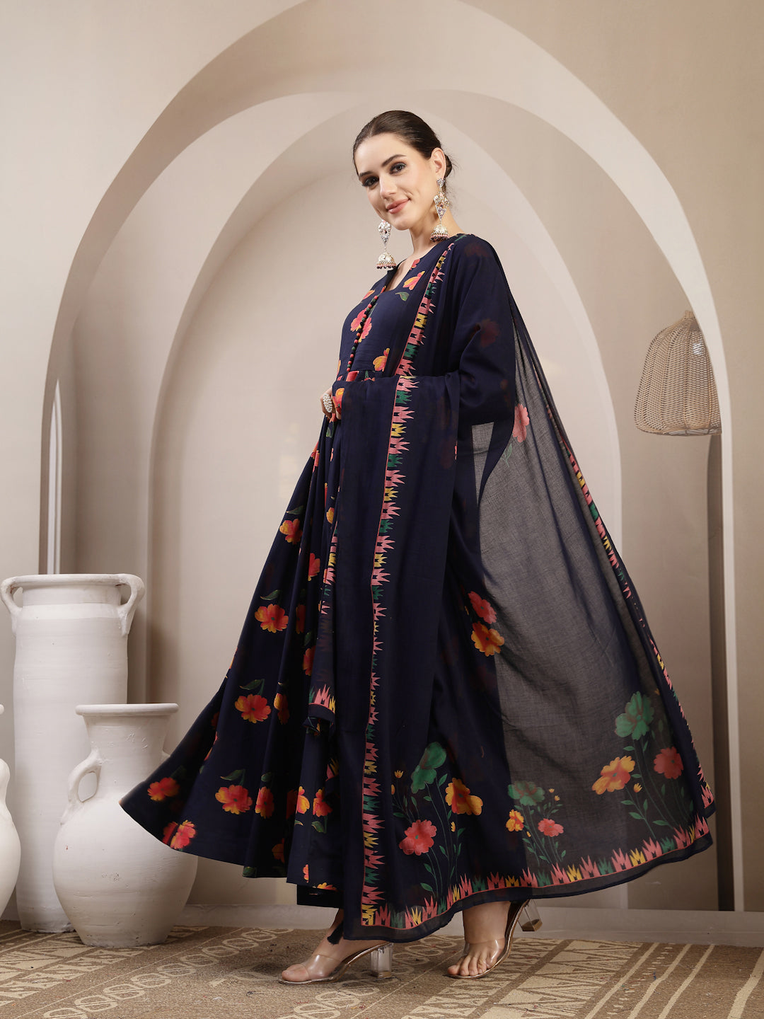 Cotton Calf Length Printed Full Sleeves V-Neck Anarkali Kurta Suit Set