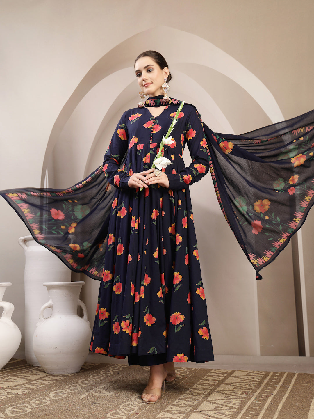 Cotton Calf Length Printed Full Sleeves V-Neck Anarkali Kurta Suit Set