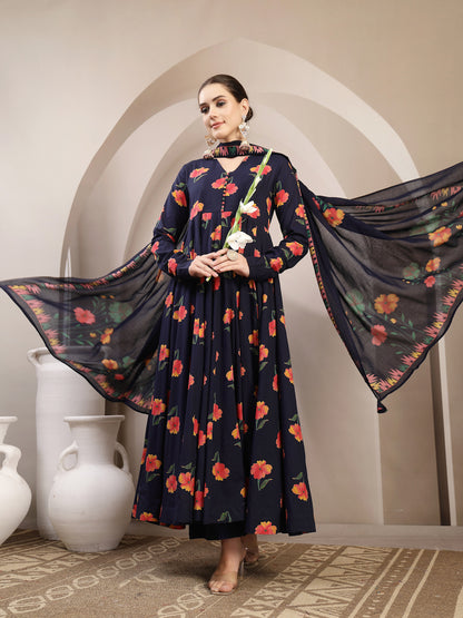 Cotton Calf Length Printed Full Sleeves V-Neck Anarkali Kurta Suit Set