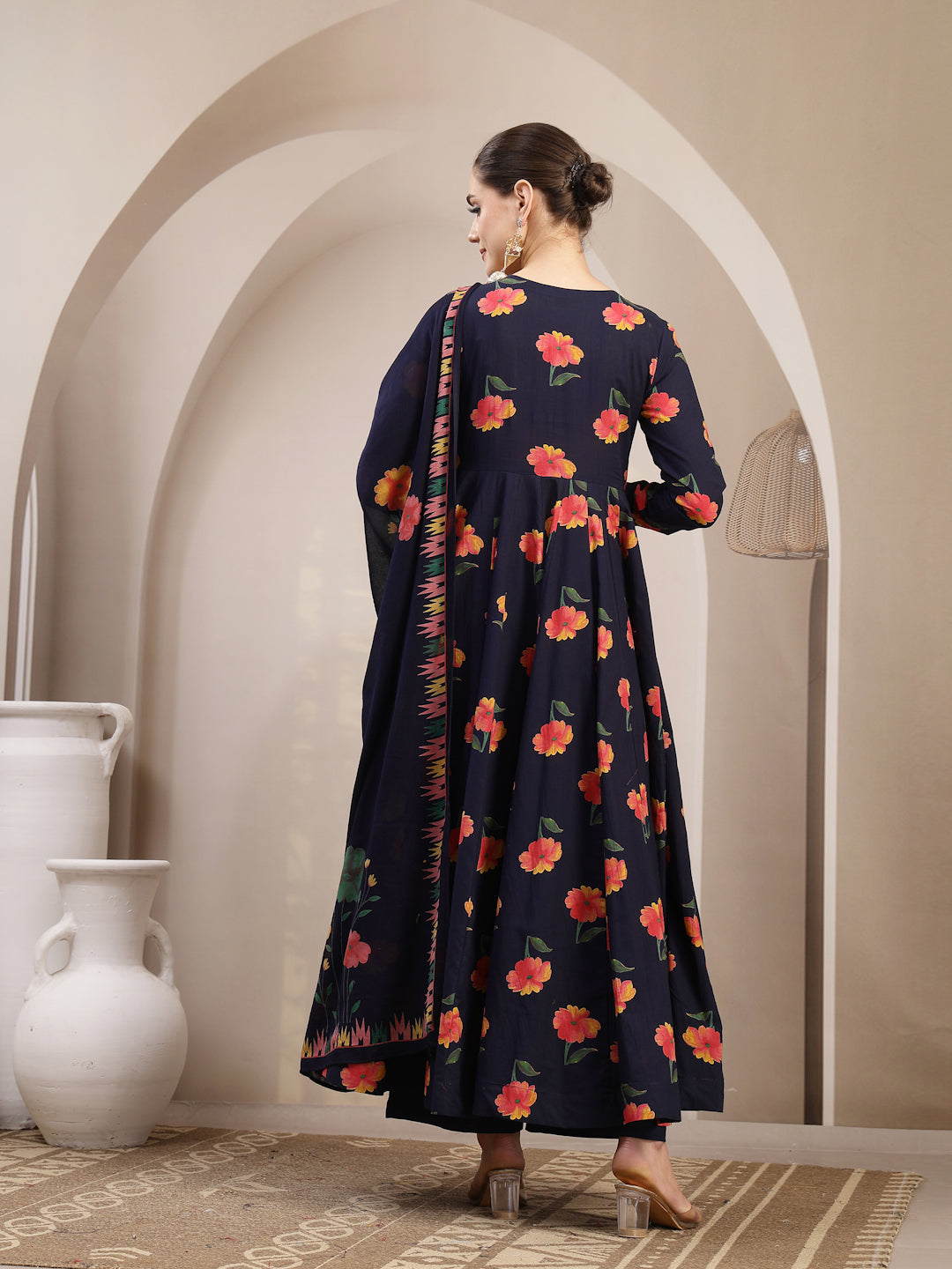 Cotton Calf Length Printed Full Sleeves V-Neck Anarkali Kurta Suit Set