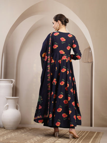 Cotton Calf Length Printed Full Sleeves V-Neck Anarkali Kurta Suit Set