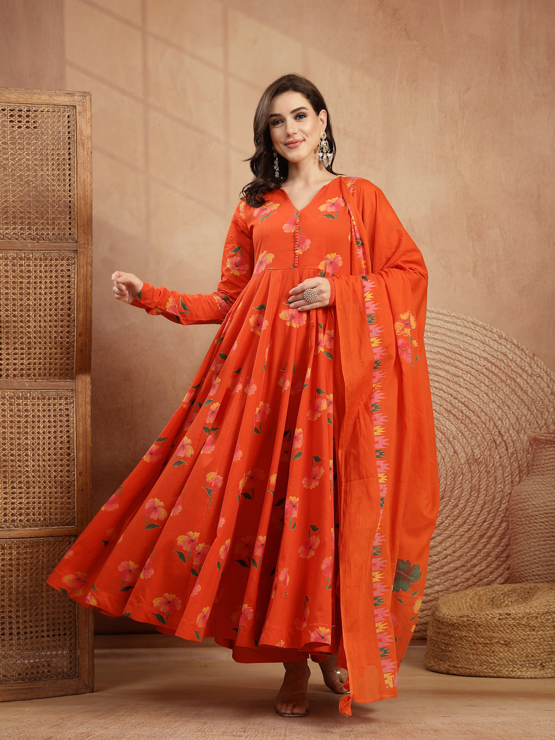 Cotton Calf Length Printed Full Sleeves V-Neck Anarkali Kurta Suit Set