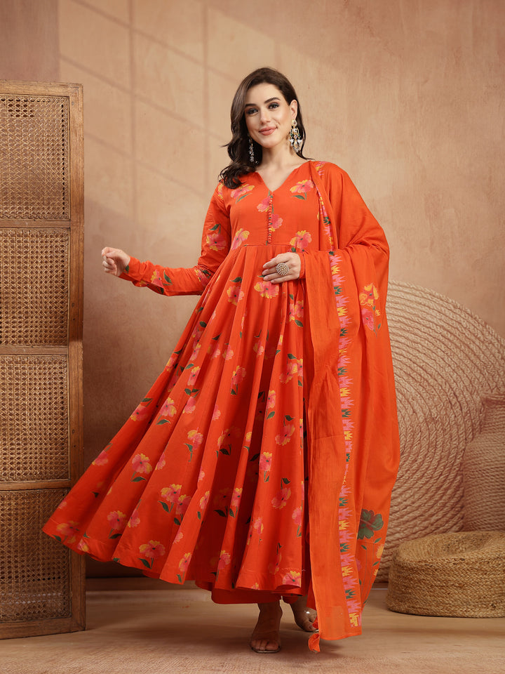 Cotton Calf Length Printed Full Sleeves V-Neck Anarkali Kurta Suit Set