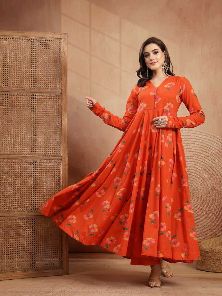 Cotton Calf Length Printed Full Sleeves V-Neck Anarkali Kurta Suit Set