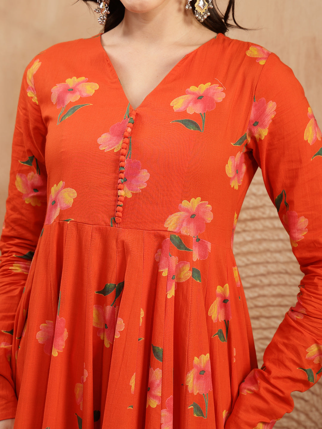 Cotton Calf Length Printed Full Sleeves V-Neck Anarkali Kurta Suit Set