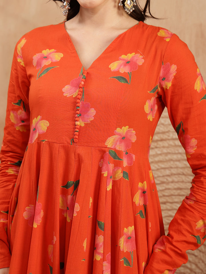 Cotton Calf Length Printed Full Sleeves V-Neck Anarkali Kurta Suit Set