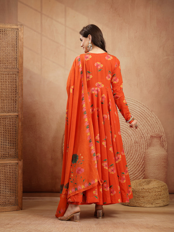 Cotton Calf Length Printed Full Sleeves V-Neck Anarkali Kurta Suit Set