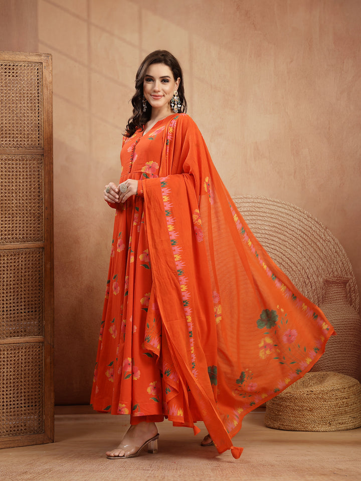 Cotton Calf Length Printed Full Sleeves V-Neck Anarkali Kurta Suit Set