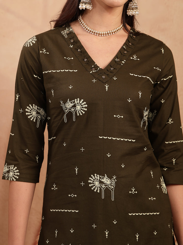 Rayon Calf Length Printed 3/4 Sleeves V-Neck Straight Kurta Suit Set