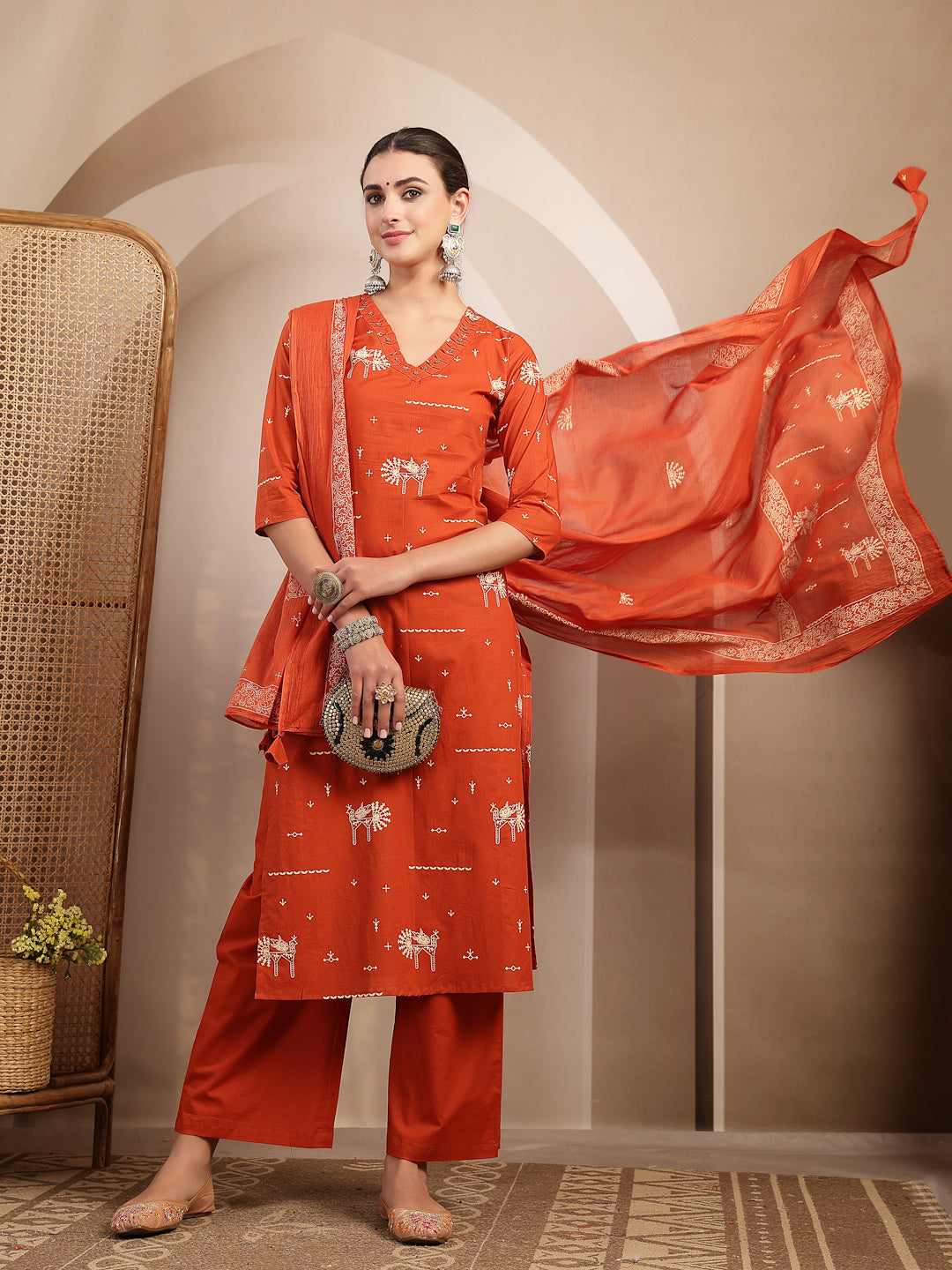 Rayon Calf Length Printed 3/4 Sleeves V-Neck Straight Kurta Suit Set