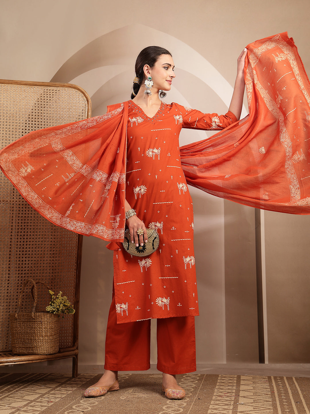 Rayon Calf Length Printed 3/4 Sleeves V-Neck Straight Kurta Suit Set