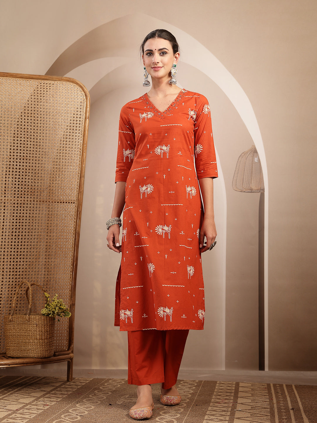 Rayon Calf Length Printed 3/4 Sleeves V-Neck Straight Kurta Suit Set