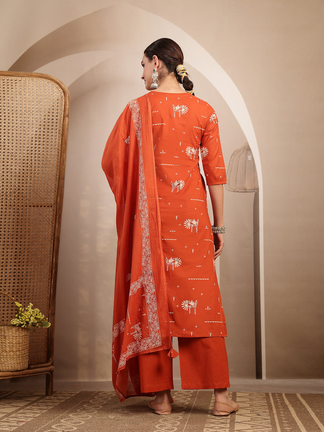 Rayon Calf Length Printed 3/4 Sleeves V-Neck Straight Kurta Suit Set