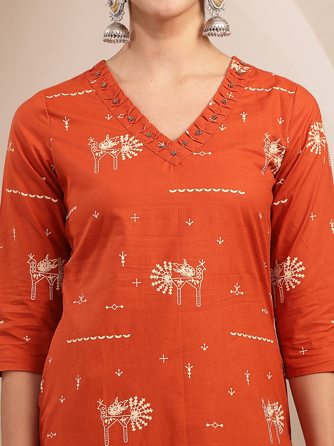 Rayon Calf Length Printed 3/4 Sleeves V-Neck Straight Kurta Suit Set