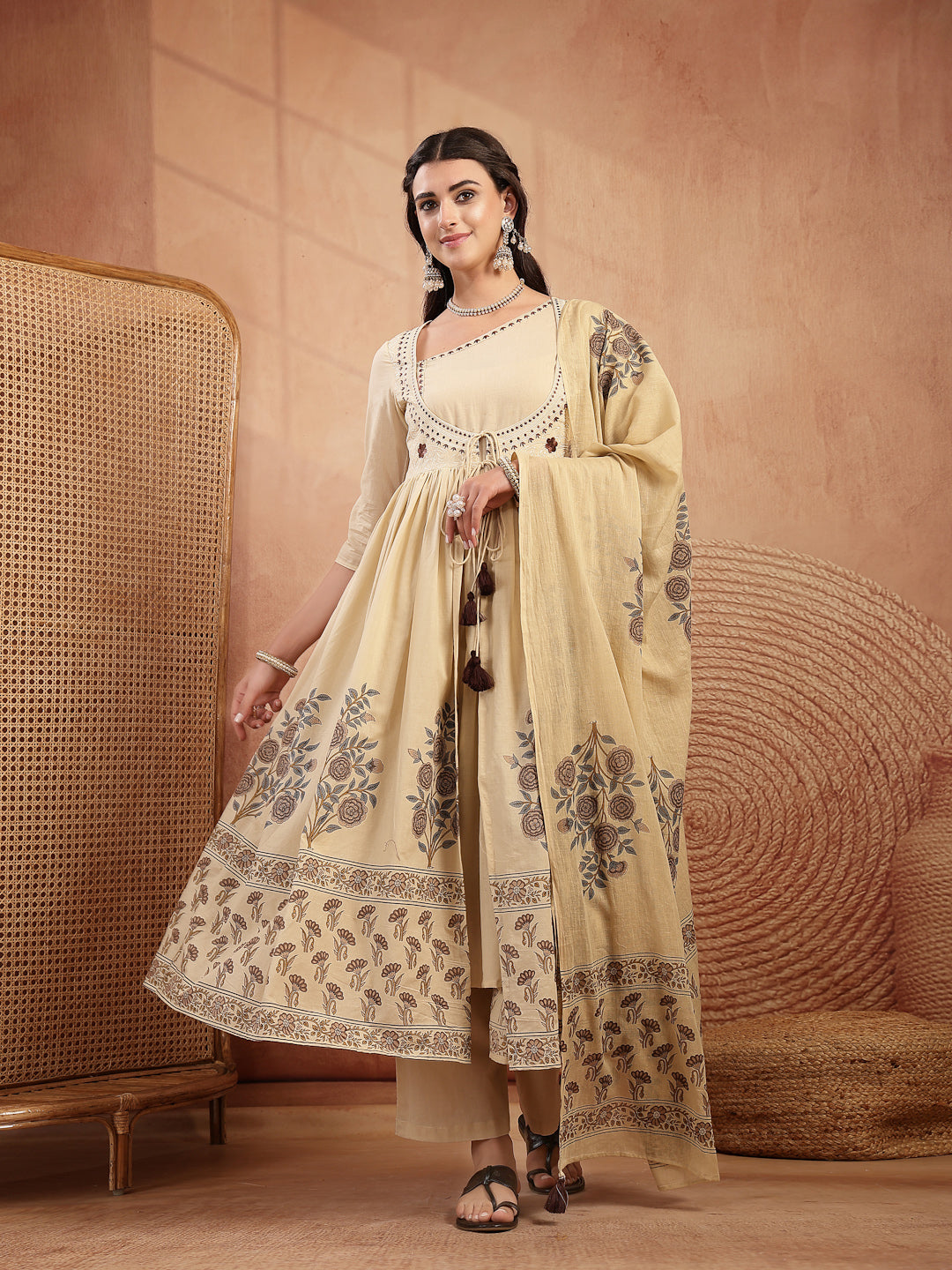 Cotton Calf Length Printed 3/4 Sleeves Round Neck Flared Kurta Suit Set